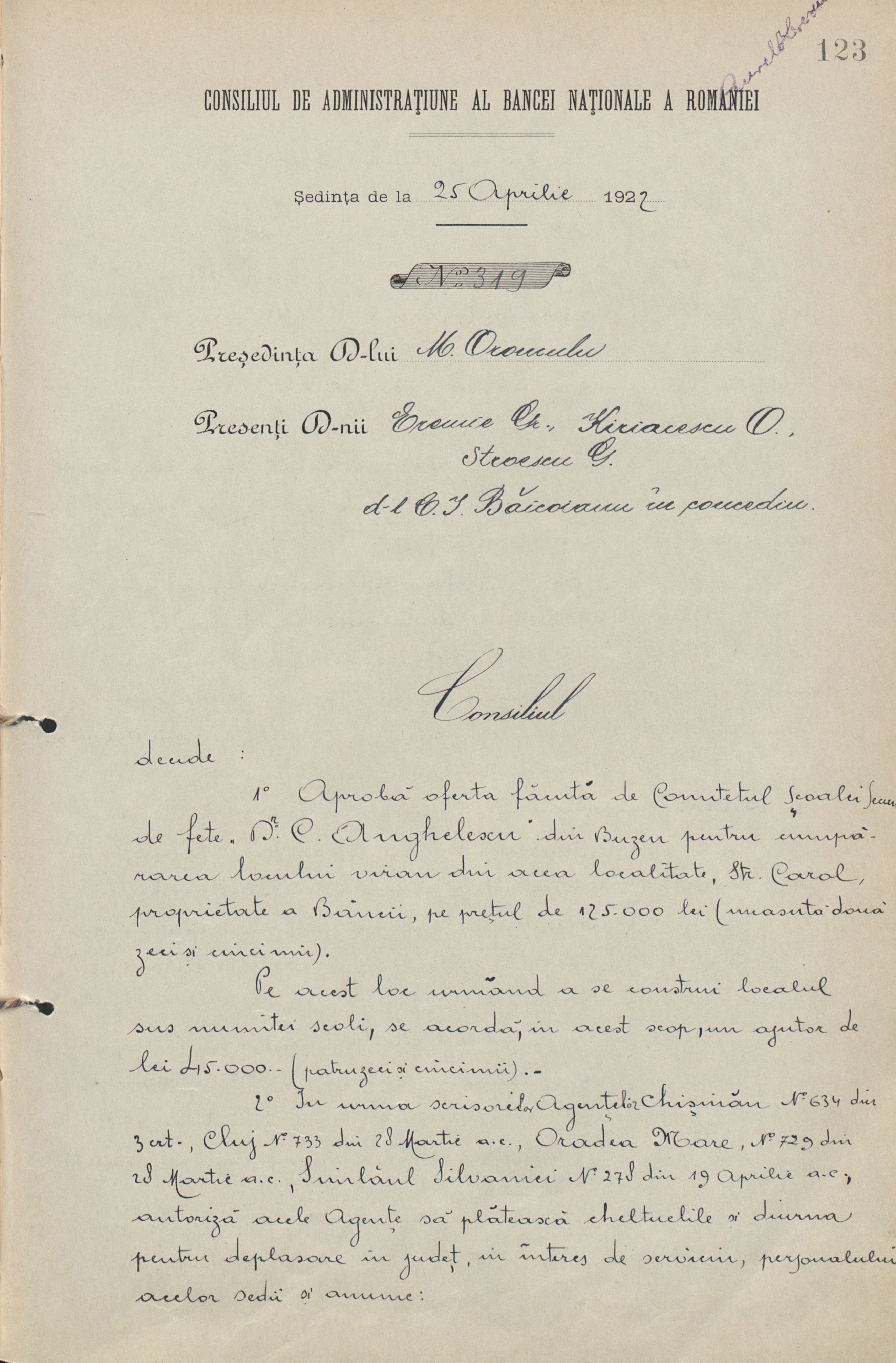 Decizia Consiliului de administrație al BNR din 25 aprilie 1922
